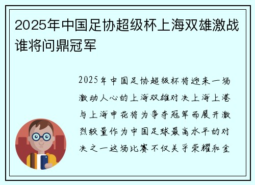 2025年中国足协超级杯上海双雄激战谁将问鼎冠军